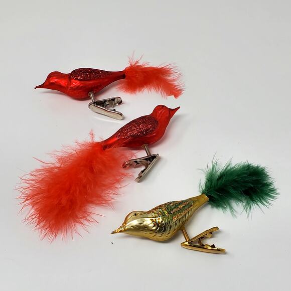 Vintage Red Bird Glass Christmas Tree Clip On Ornaments w/Real Feather Tail X3 - Picture 6 of 6